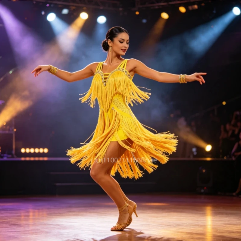 Advanced Latin Dance Dress Performance Dress Tassel Skirt Ballroom Dance Standard Competition Dress Floral Dress for Women