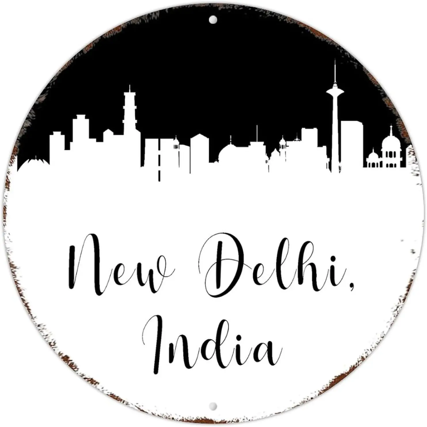 New Delhi Cityscape Signs India New Delhi Skyline Silhouette Round Tin Signs Aluminum Metal Signs Wall Art Farmhouse Decorative