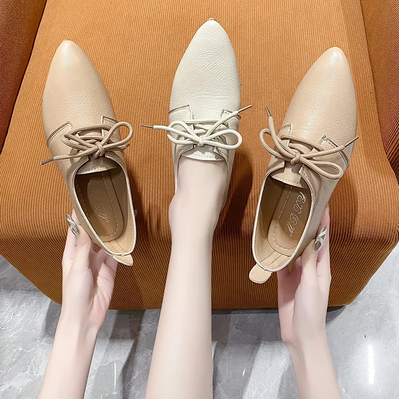 New Pointed Toe Lacing Square Heel Small Leather Shoes Women's Elegant Fashion High Heels Dress Shoes Plus Size Zapatos De Mujer