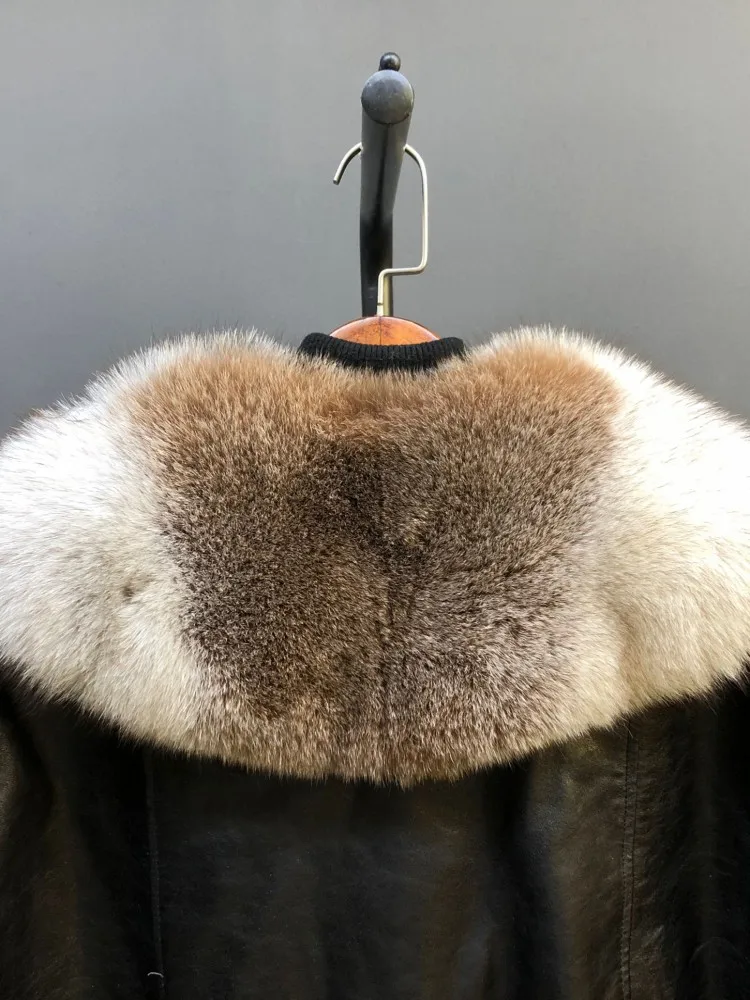 جديد الشتاء المرأة الدافئة أوزة أسفل سترة فاخرة الثعلب الفراء طوق الشارع الشهير سستة الشرير النفط الشمع البقر جلد طبيعي معطف قصير #5