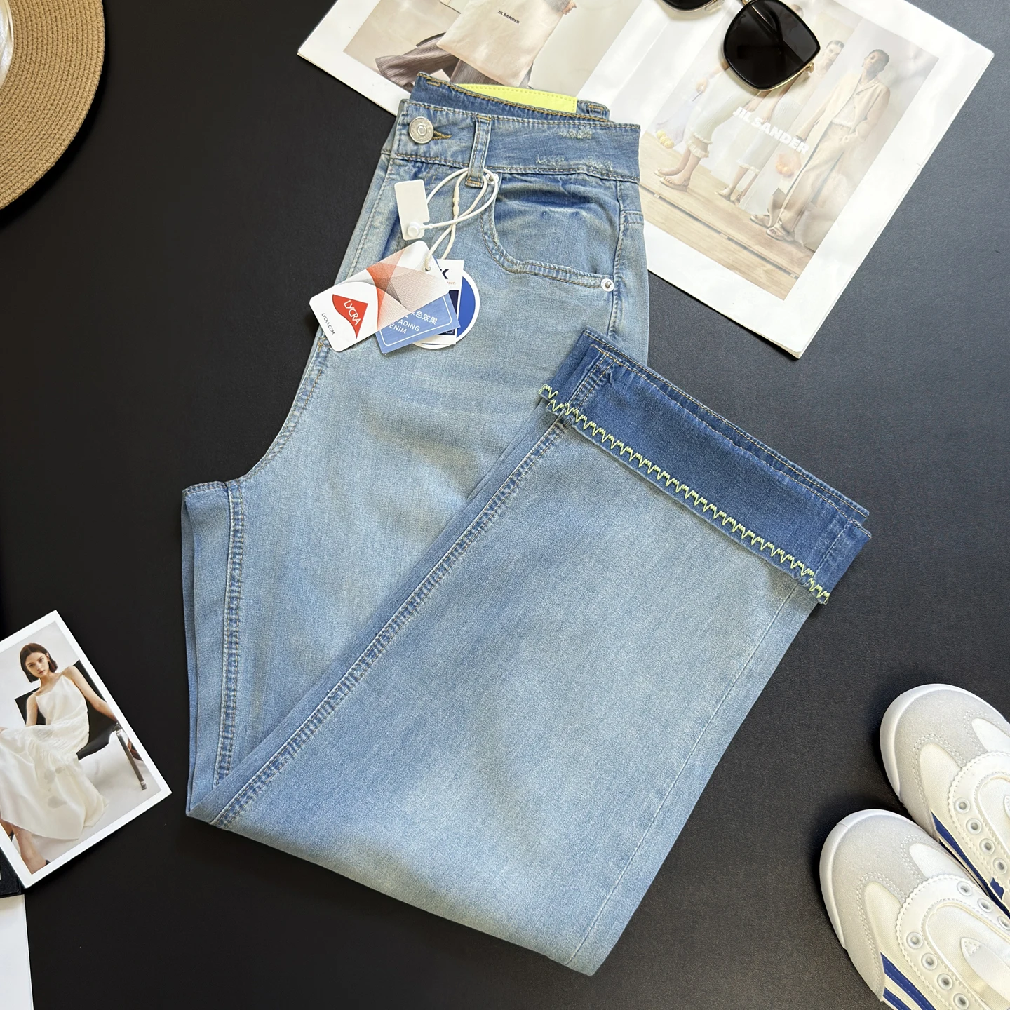 

Легкие облегающие прямые джинсы, женские летние повседневные брюки на молнии с высокой талией, микроэластичные джинсовые брюки из девяти предметов