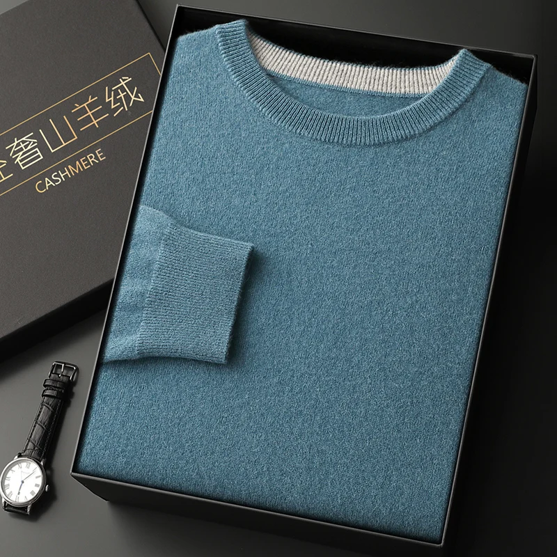 เสื้อไหมแคชเมียร์แท้ 100% สำหรับฤดูใบไม้ร่วง/ฤดูหนาว รุ่นใหม่ เสื้อสเวตเตอร์ถักสีพื้นสำหรับผู้ชาย สไตล์ลำลองธุรกิจ คอกลม เสื้อกันหนาวอุ่น
