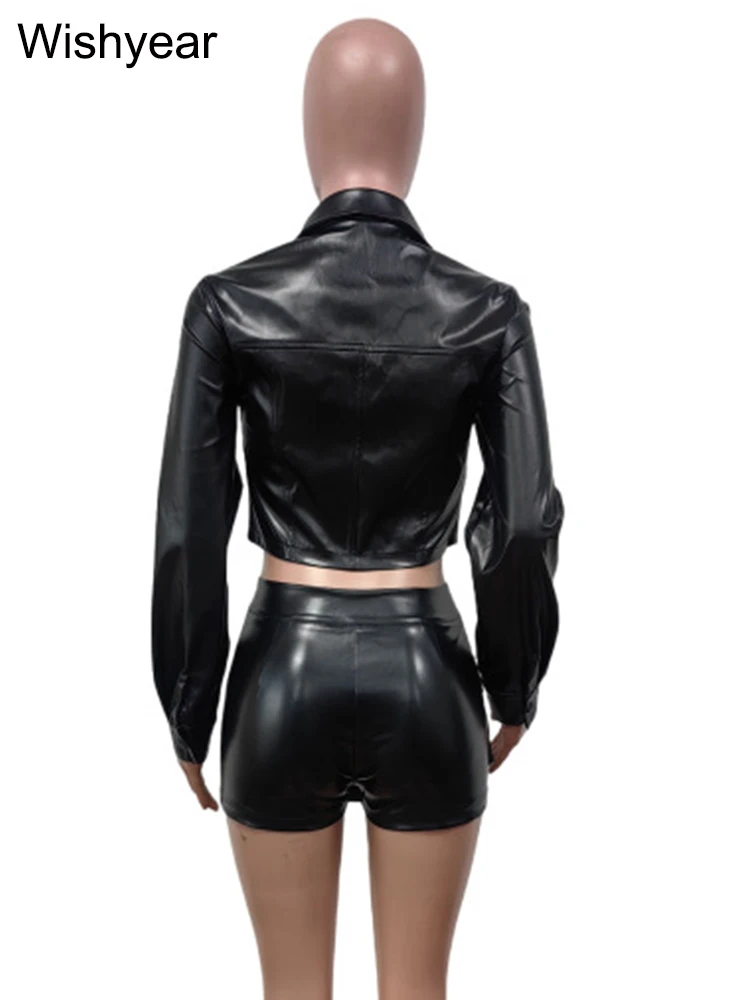 Sexy Club Dance Midnight Bar Outfits Women PU Faux Leather Long Sleeve single-breasted Crop Jacket and Shorts Skirts 2 Piece Set