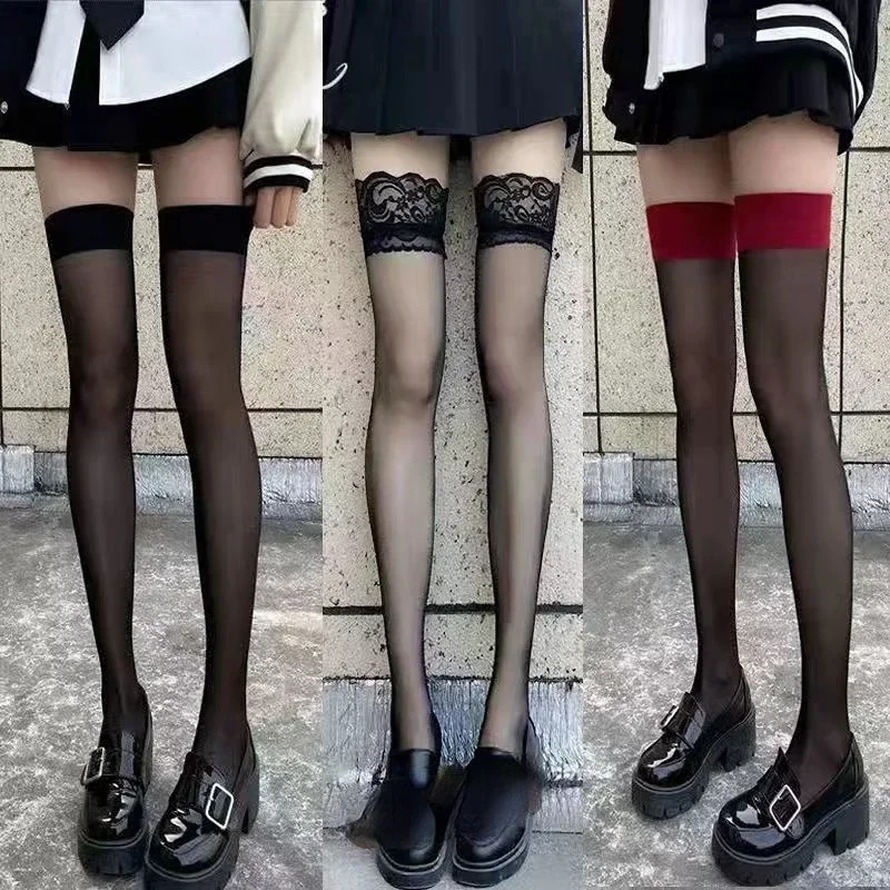 Costumi JK Calze a rete alte da donna sexy calze a rete Lolita ragazze punk gotiche trasparenti sopra il ginocchio calzini lunghi rossi con bordo largo