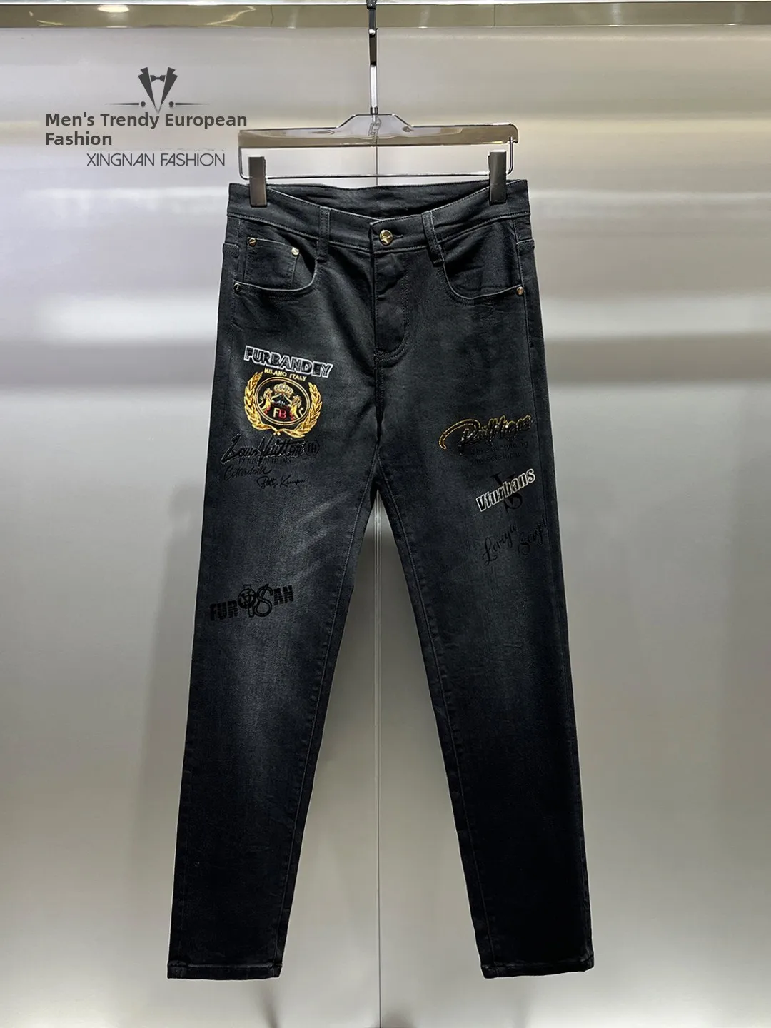 

Embroidered Letter Print Slim Fit Jeans Men's Denim Pants Breathable Comfortable Elastic Casual Trousers Autumn Faion