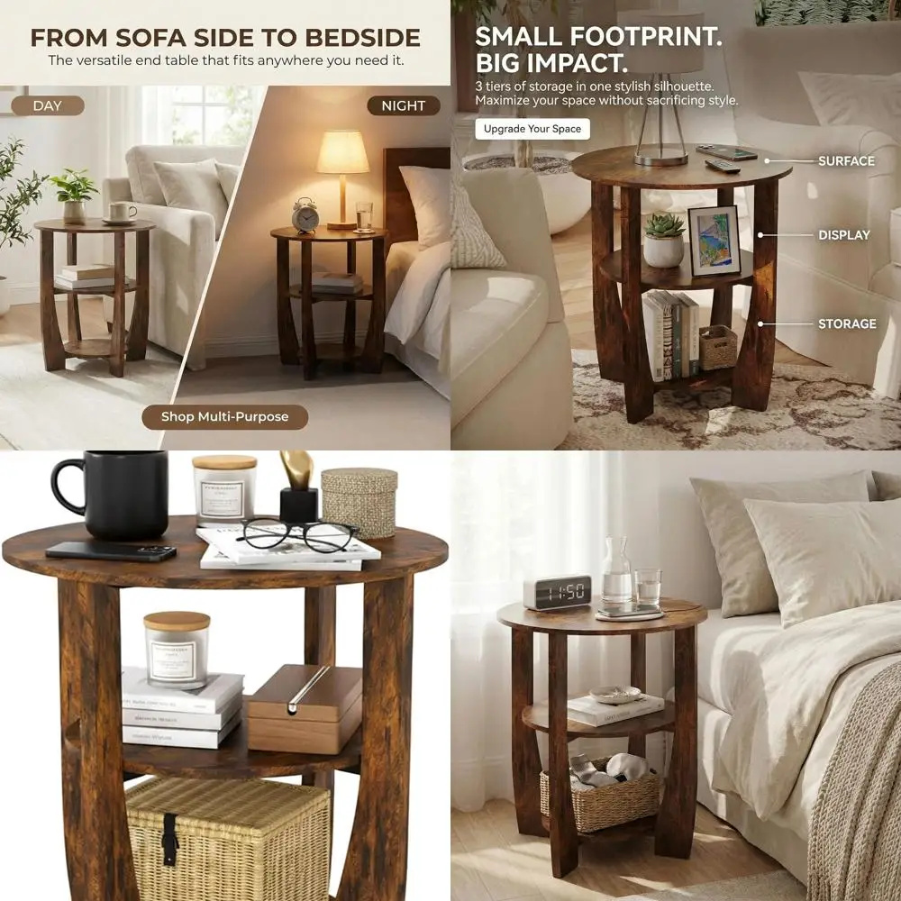 Farmhouse-Style 3-Tier Round Side Table with Storage, 19.7 Diameter x 21.7 Height