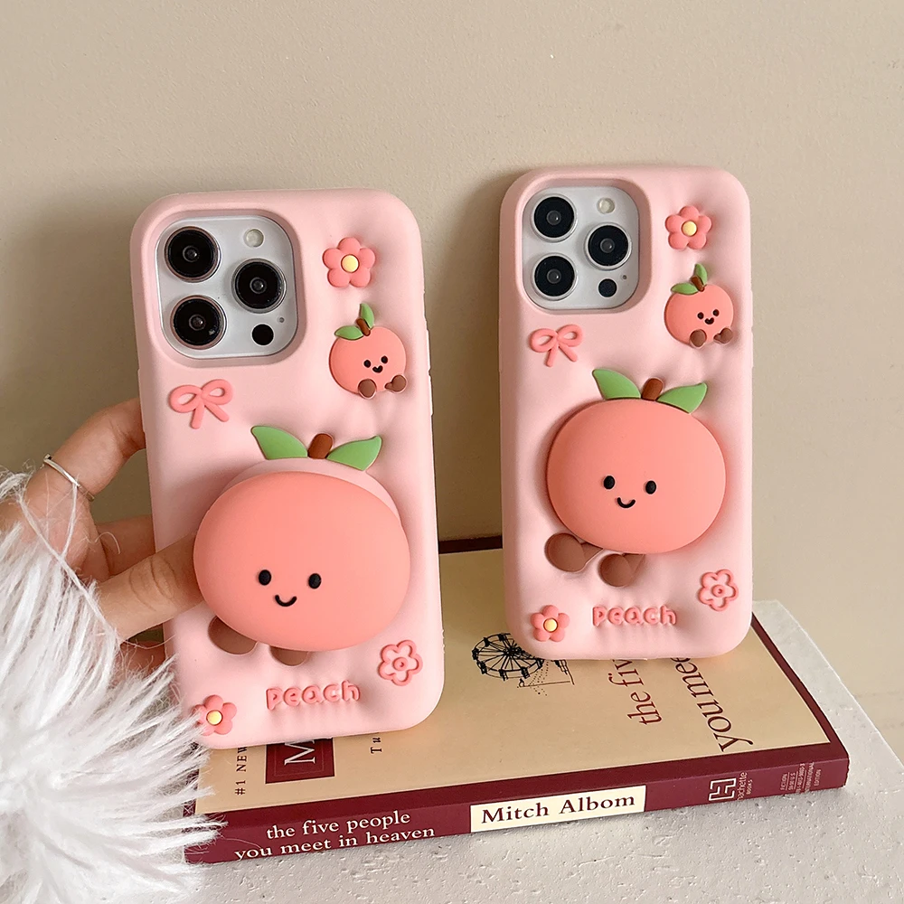 Kawaii 3D Sommer Obst Pfirsich Halterung Weiche Silikonhülle für iPhone 17 16 15 14 13 12 Pro Max mit Ständerhalter stoßfeste Abdeckung – Detail 2