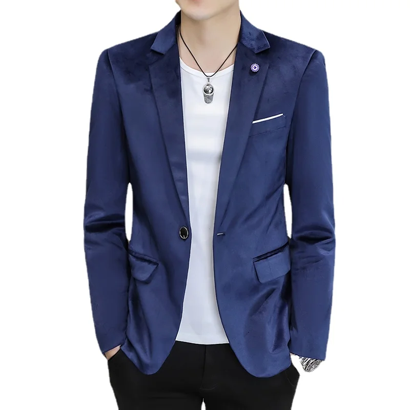 Chaqueta de traje ajustada roja para hombre, abrigo de vestir de manga larga con un solo botón, Blazers para adolescentes de tamaño asiático, azul,