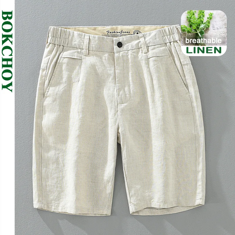 

Лето 2025 г., новые простые дышащие шорты из чистого льна для мужчин, одежда, прямые однотонные летние брюки EC1351