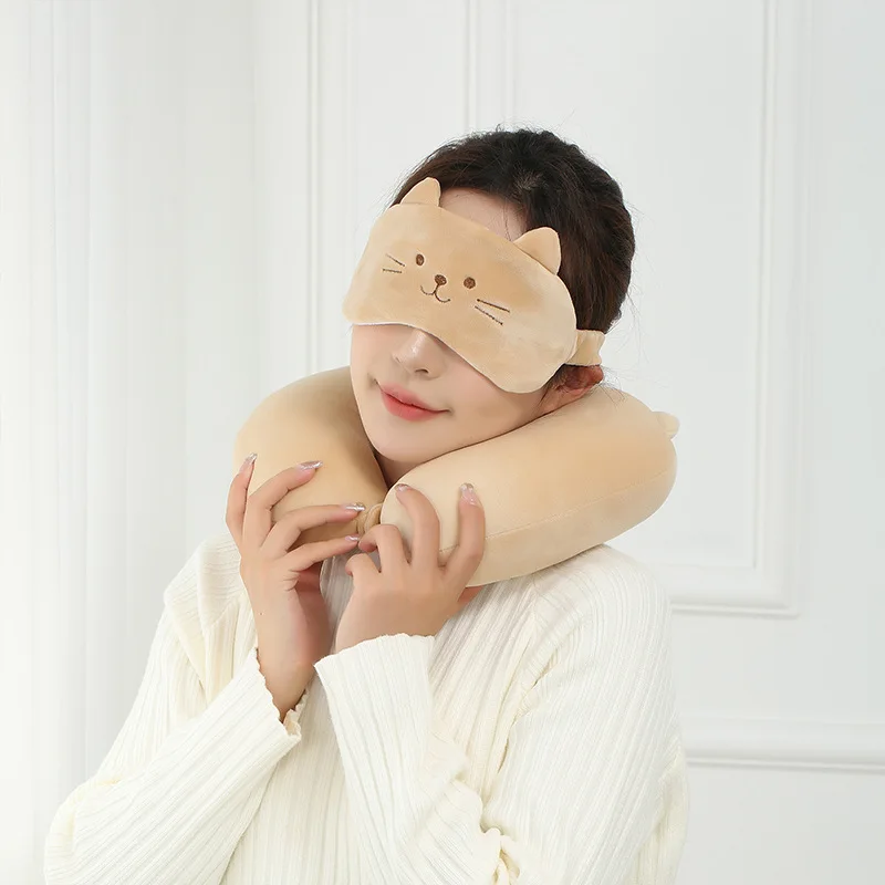 Cute Animal U Shaped Neck Pillow with Eye Mask Travel Pillow for Nap Neck Support Airplane Car Office