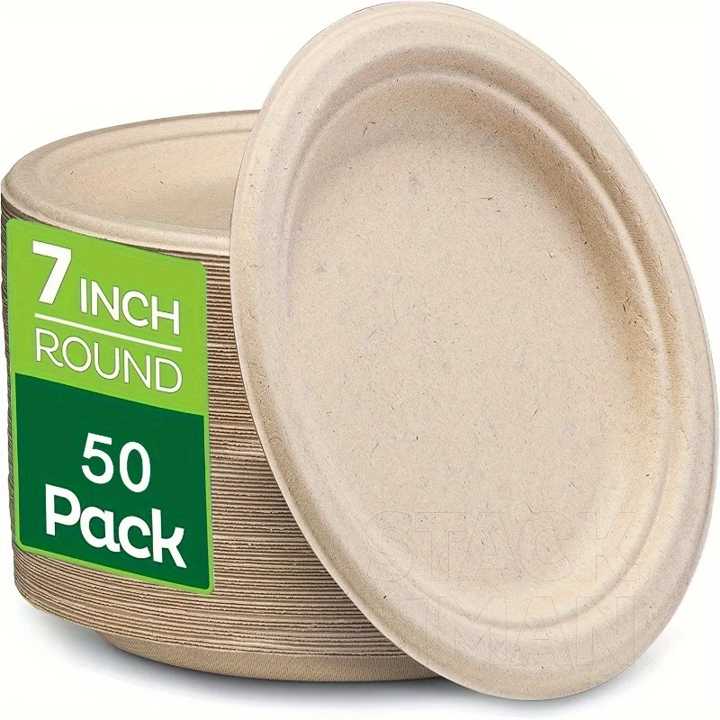 50 Pack  Disposable Sugarcane Fiber Biodegradable Paper Plates for Food Service, Break-Resistant, Microwave Safe