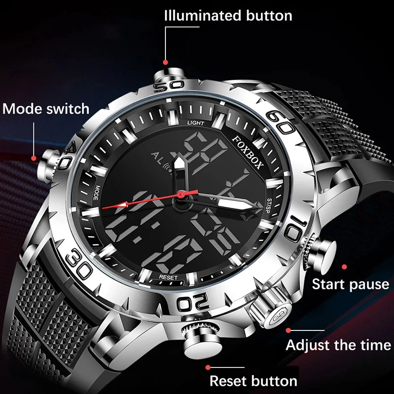 FOXBOX Mens Watch Sports Top Brand Luxury Dual Display Quartz Watches Men Military Waterproof Clock Digital LED Wristwatch Reloj