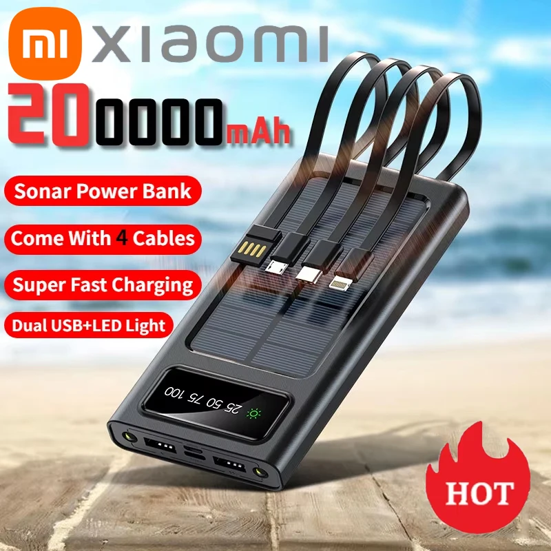 Xiaomi 200000mAh Solar Power Bank Built-in 4 Cables Two-way Large Capacity Fast Charging External Battery LED Light Powerbank