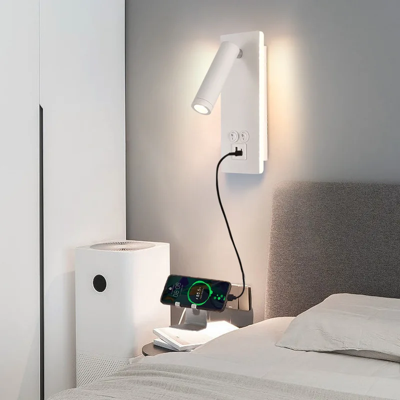 

Современный настенный светильник для спальни, креативный светодиодный настенный светильник-бра, поворотный, с выключателем и USB-портом
