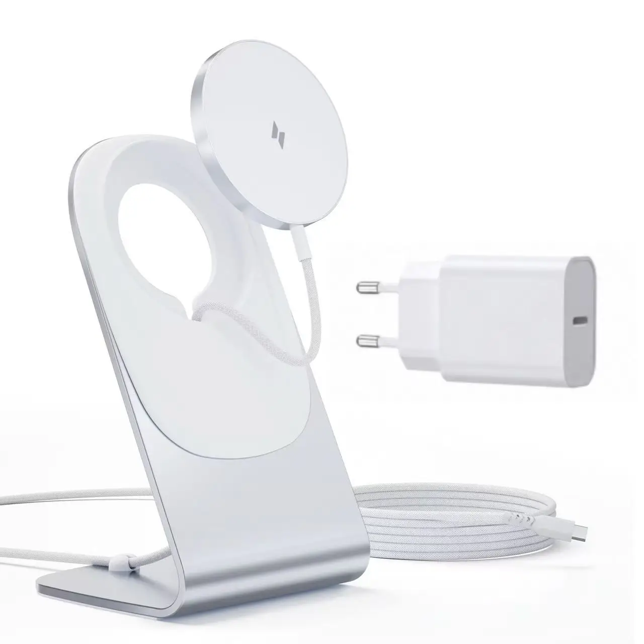 Qi2.2 Certified 25W Aluminum Alloy Magnetic Wireless Charging Stand comes white with a 1.5-meter cable and a 25W EUR adapter