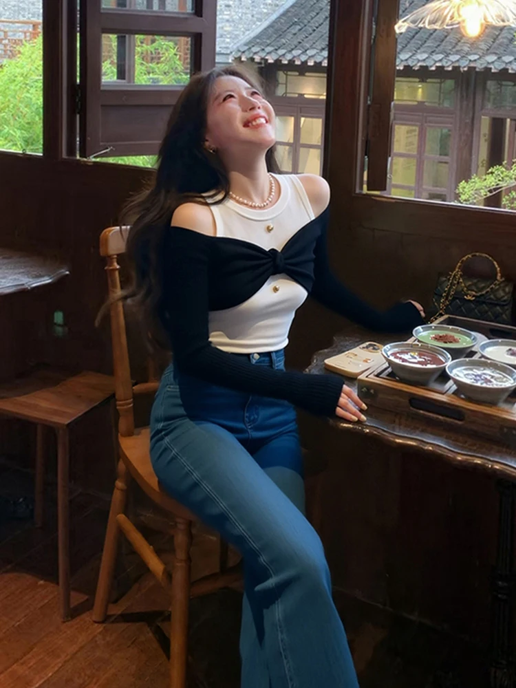 

Модный цветной вязаный базовый топ для женщин, облегающий, для ношения под одеждой, осенне-зимний, в стиле французской моды, Morning Bell Evening Song