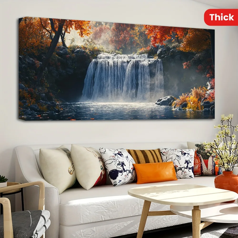 1.5 inch thick pine solid wood frame, mural oil painting, Red Forest waterfall, modern painting poster, interior decoration