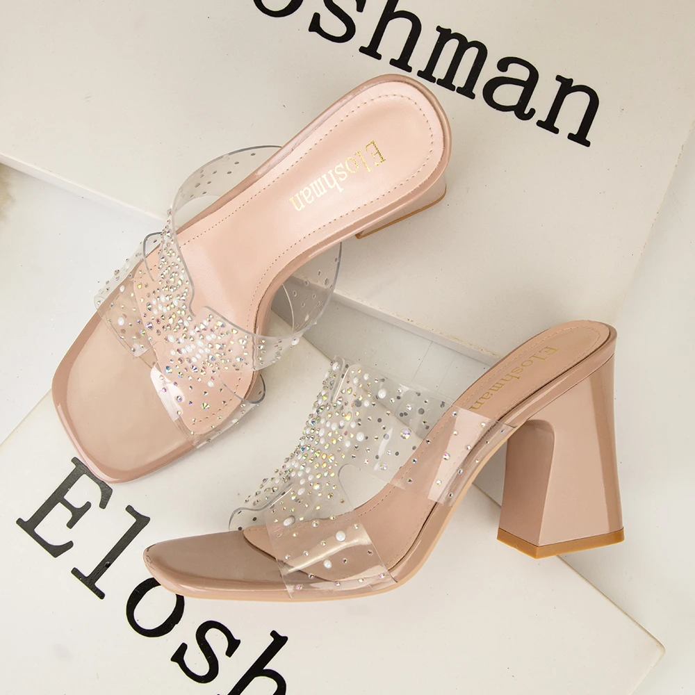 2023 Sexy Transparent PVC Summer Women Shoes Head Peep Toe Spike Heel Fashion Modern Slippers Party Crystal Shallow Polka Dot