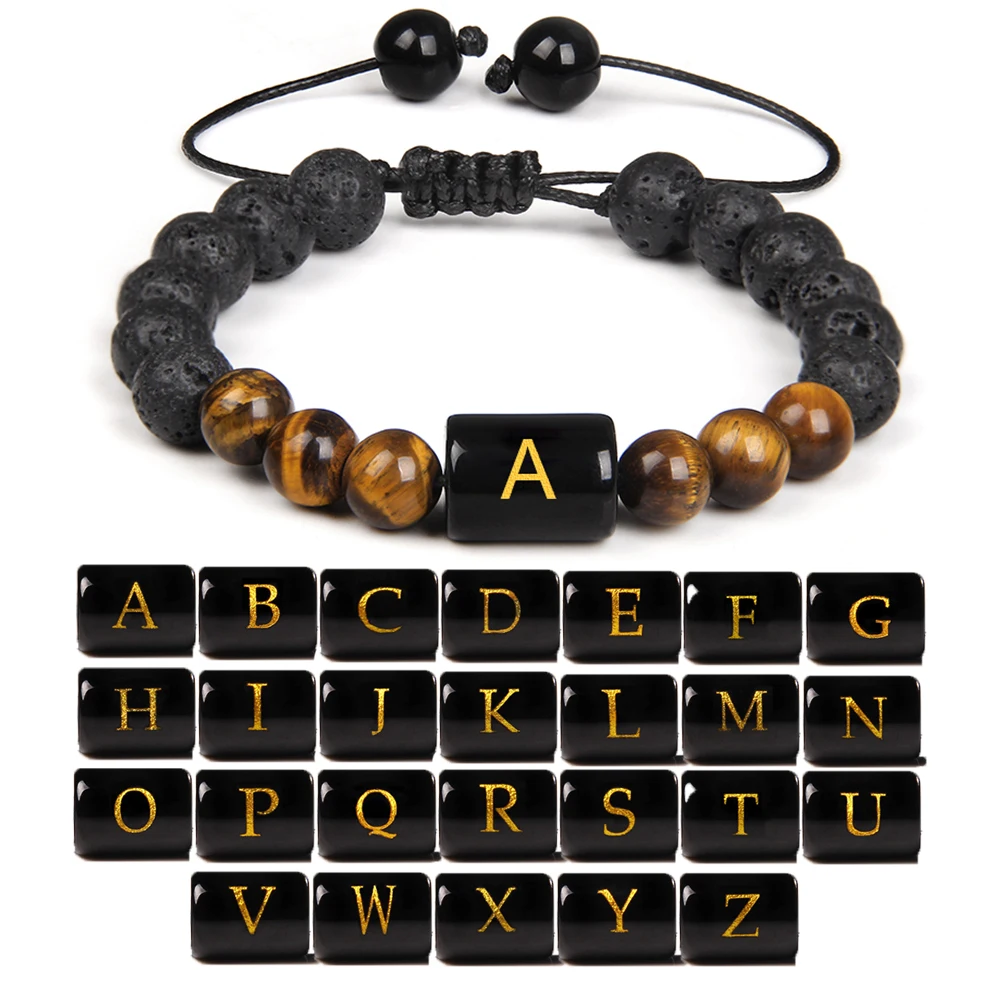 Natural Volcanic Lava Tiger Eye Stone Bead Bracelets 26 Letter First Name Bracelet Mediation Yoga Luck Jewelry Friendship Gift