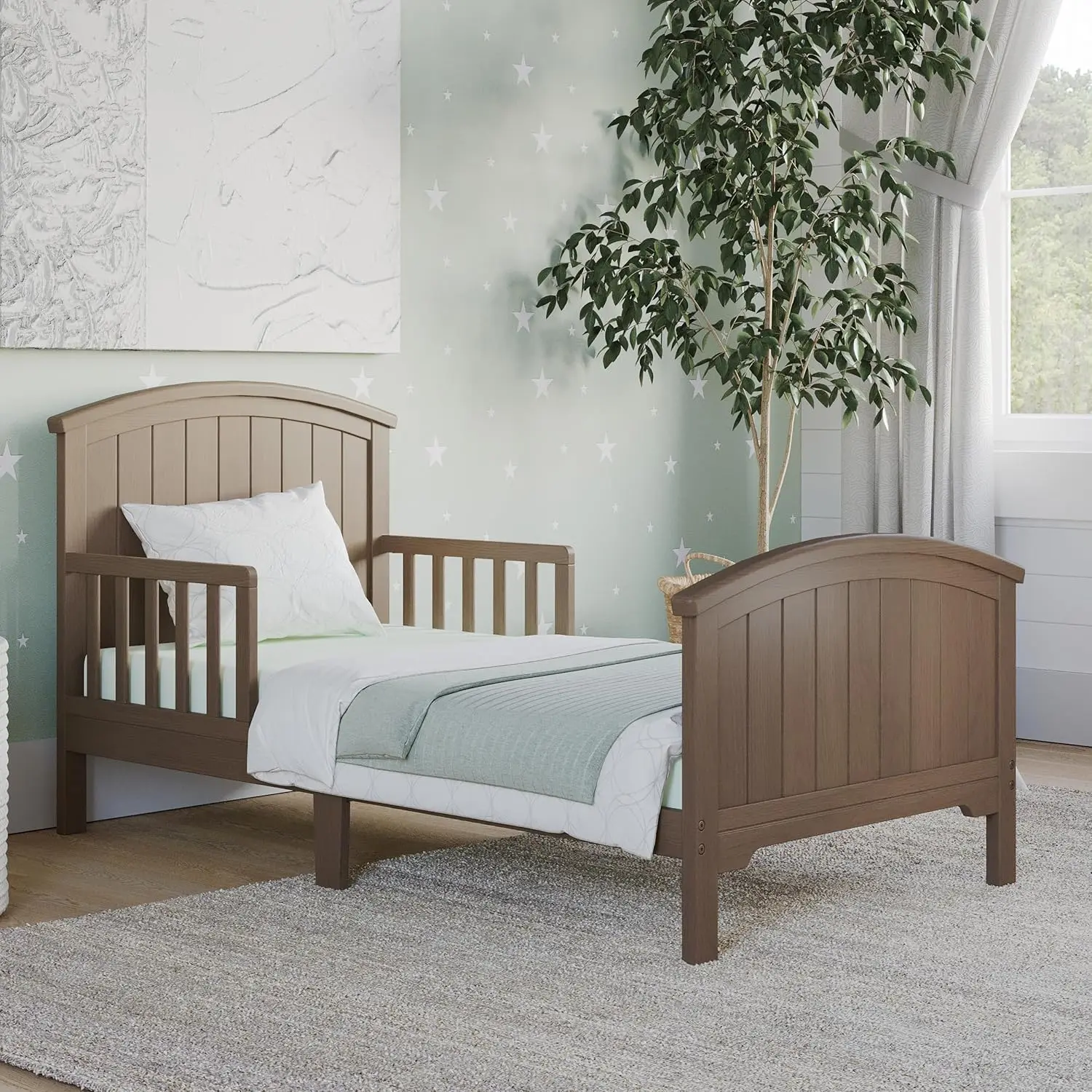 Hampton Arch Top Toddler Bed, Pinewood, Low Design, Guard Rails, Dusty Heather