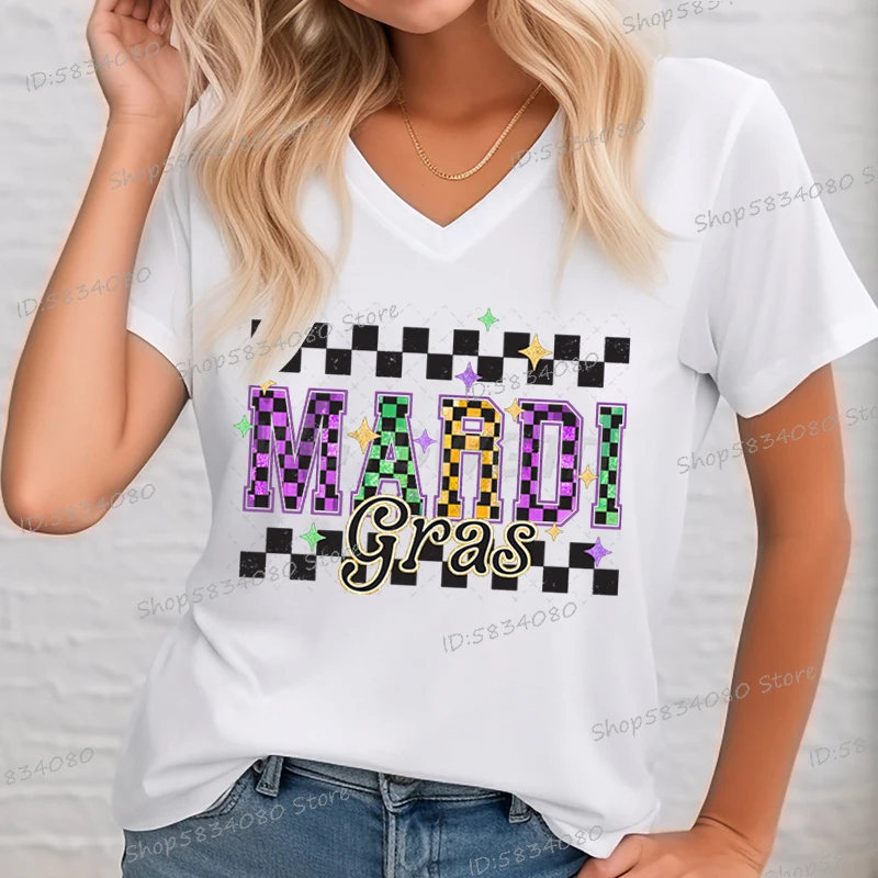 Retro Checkered Mardi Gras Women's T-shirt Fashion V Neck Short Sleeve Tees Mardi Gras Gift Shirt New Orleans Mardi-Gras Tshirt