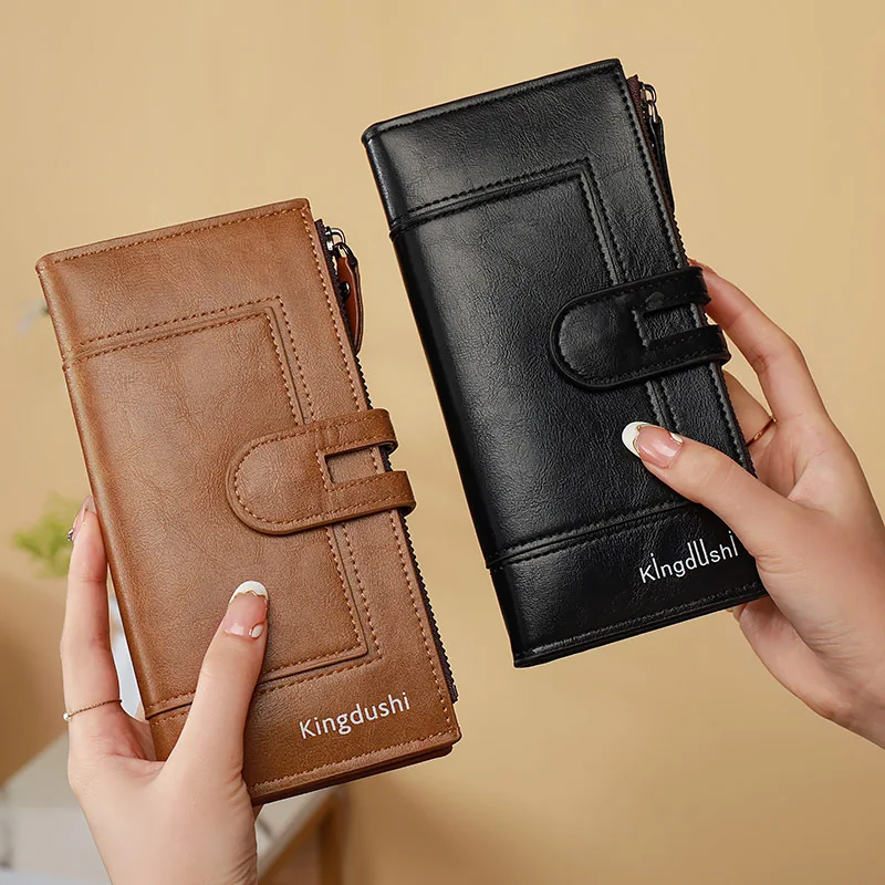 

Vintage Folding Wallet for Women Long PU Leather Ladies Card Holder Purse Top Quality Clutch Phone Bag with Zipper Coin Pocket