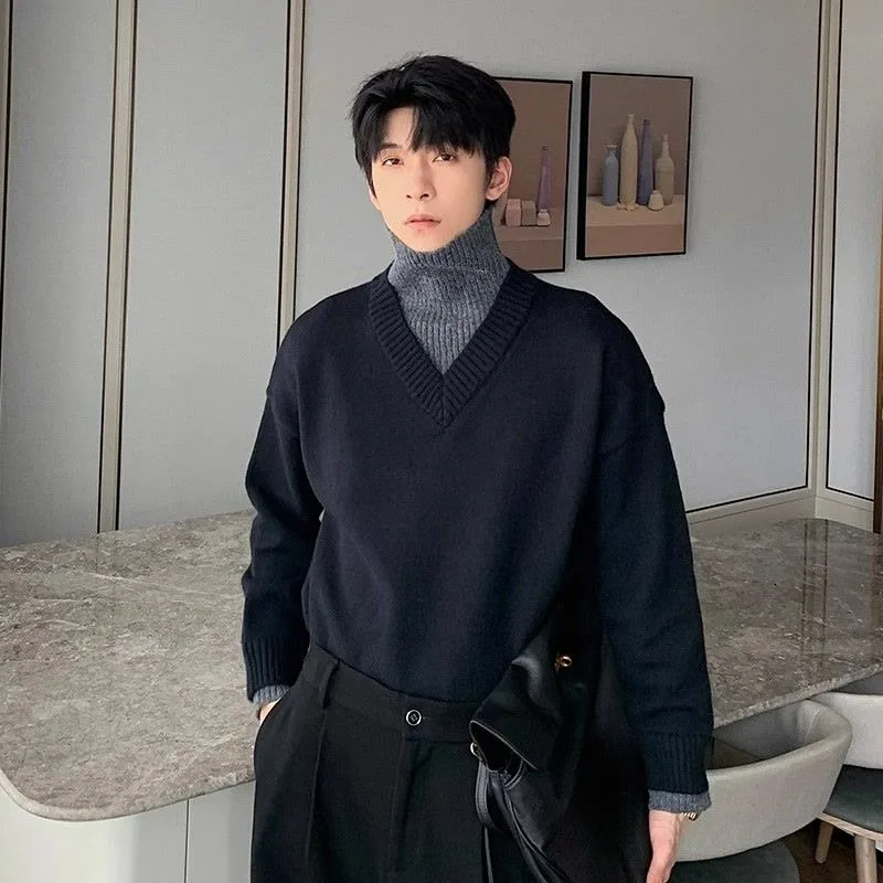 وهمية قطعتين كسول نمط المتناقضة الياقة المدورة سترة الرجال الخريف والشتاء الكورية نمط قاع قميص قمة الموضة غير رسمية #3