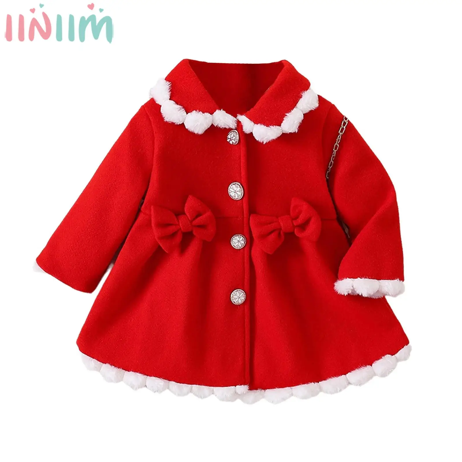 

Baby Girls Christmas Dress Coat Long Sleeve Lapel Buttons Bow Jacket Outerwear Fall Winter Overcoat for New Year Birthday Party
