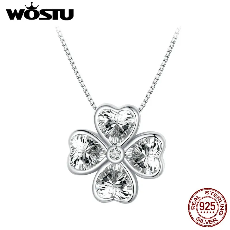 WOSTU 925 Sterling Silver Four Leaf Clover Crystal Pendant Necklace For Women Big Stone Clear Zircon Girl Special Birthday Day