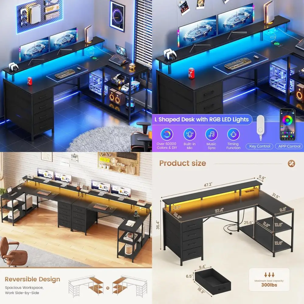 SEDETA L Shaped Desk with 4 Drawers and Storage Shelves, L Shaped Gaming Desk with LED Lights & Power Outlets, Computer Desk wit