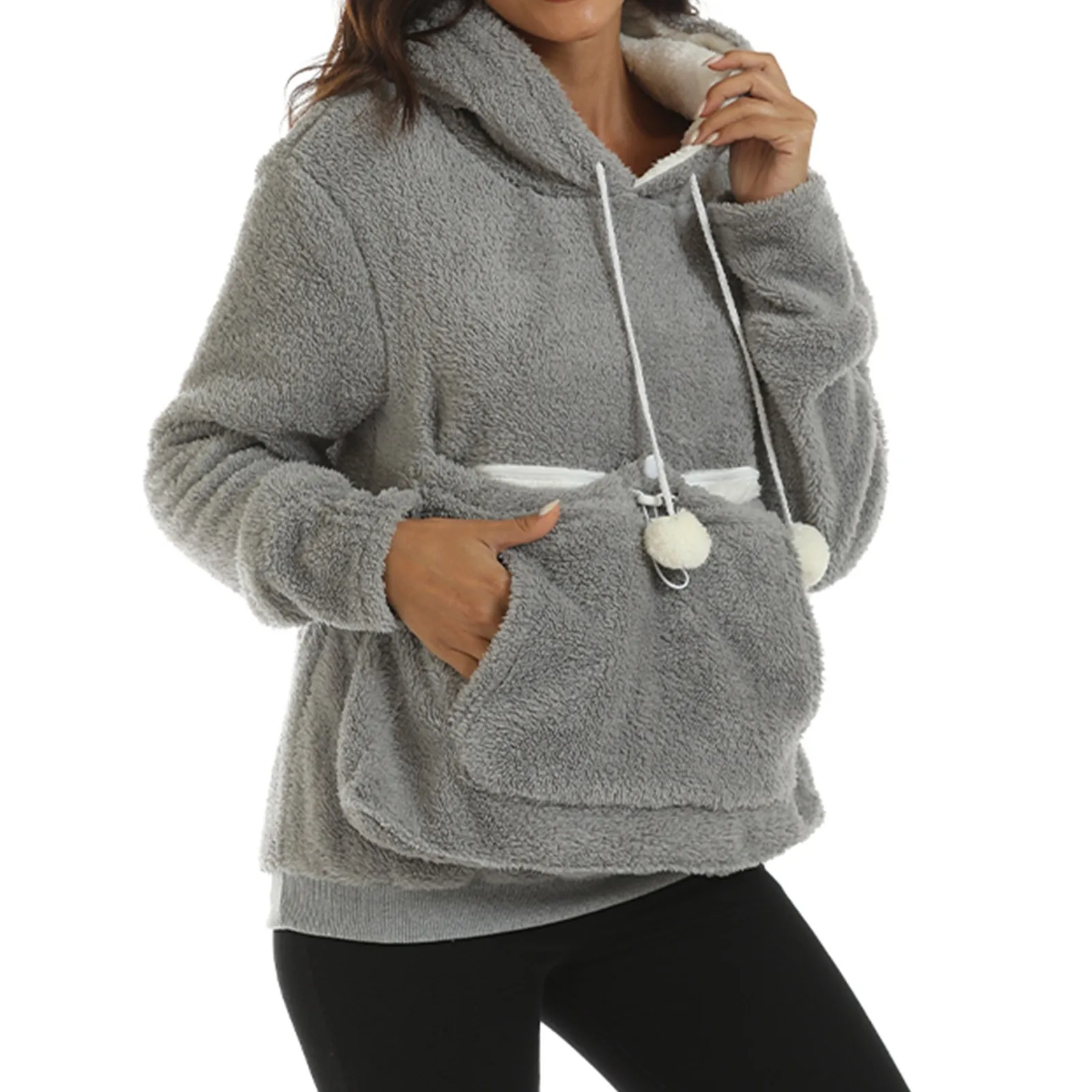 Autumn & Winter Thick Warm Large Pocket Hoodie Solid Color Pet Hooded Sweatshirt Loose Fit Plain Casual Pullover Tops Women