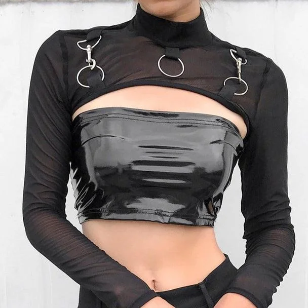 Women\'s Gothic Mesh See Through Long Sleeve Turtleneck Bolero Shrug Crop Tops Black O-ring Metal Detail