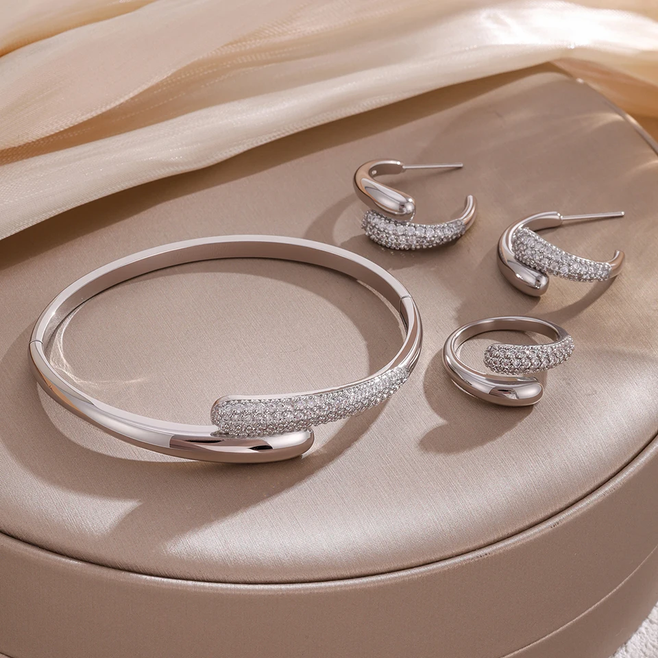 ZAKOL 3 قطعة/المجموعة مايكرو مطعمة الزركون قطرة الماء سوار مفتوح حلقة طقم من الحلقان للنساء مجموعات مجوهرات الزفاف الفاخرة