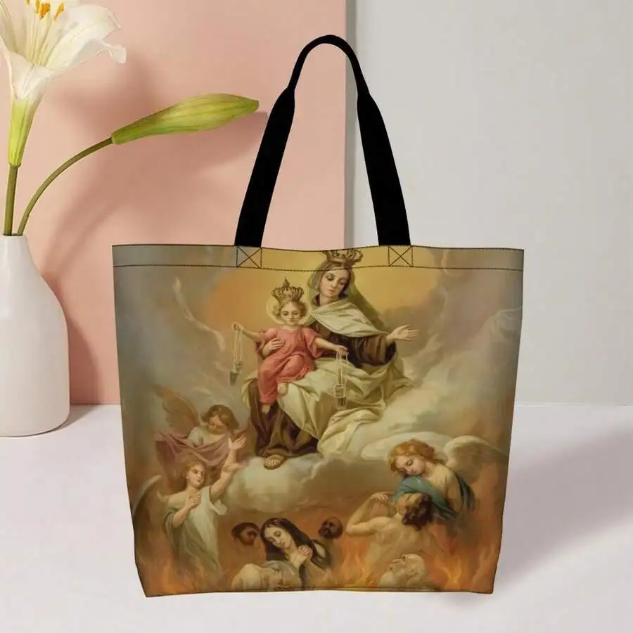 

Our Lady Of Mount Carmel Religious Art Printed Casual Tote Bag Catholic Virgin Mary Graphic Unisex Faith-Based Spiritual Gift