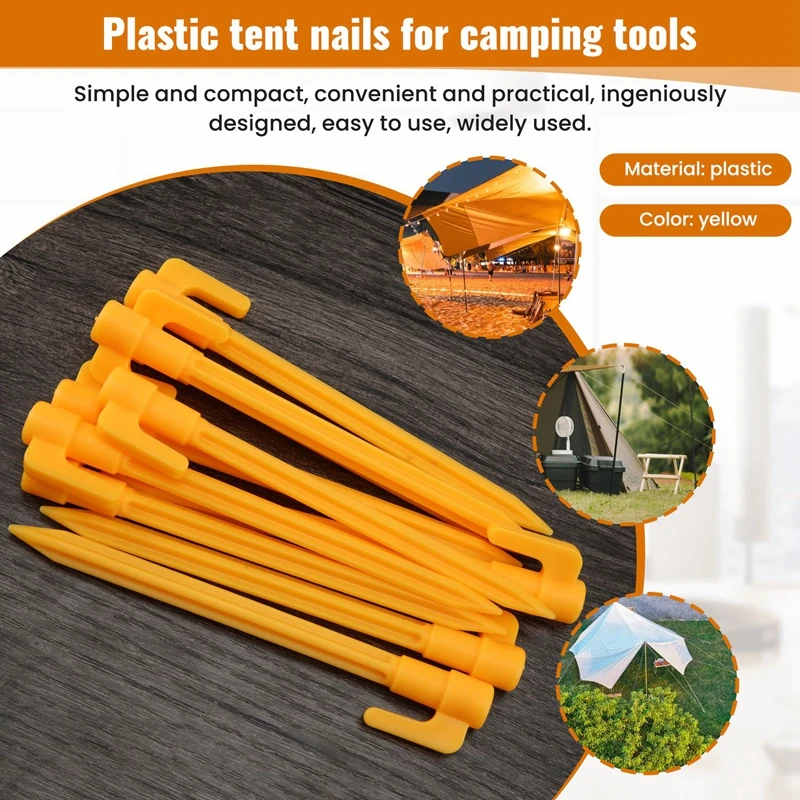 Herramientas de acampada, clavijas de plástico para tienda de campaña, clavos, estacas de tierra de arena, toldo para tienda de campaña al aire libre, accesorios para tienda amarilla, 10 Uds.