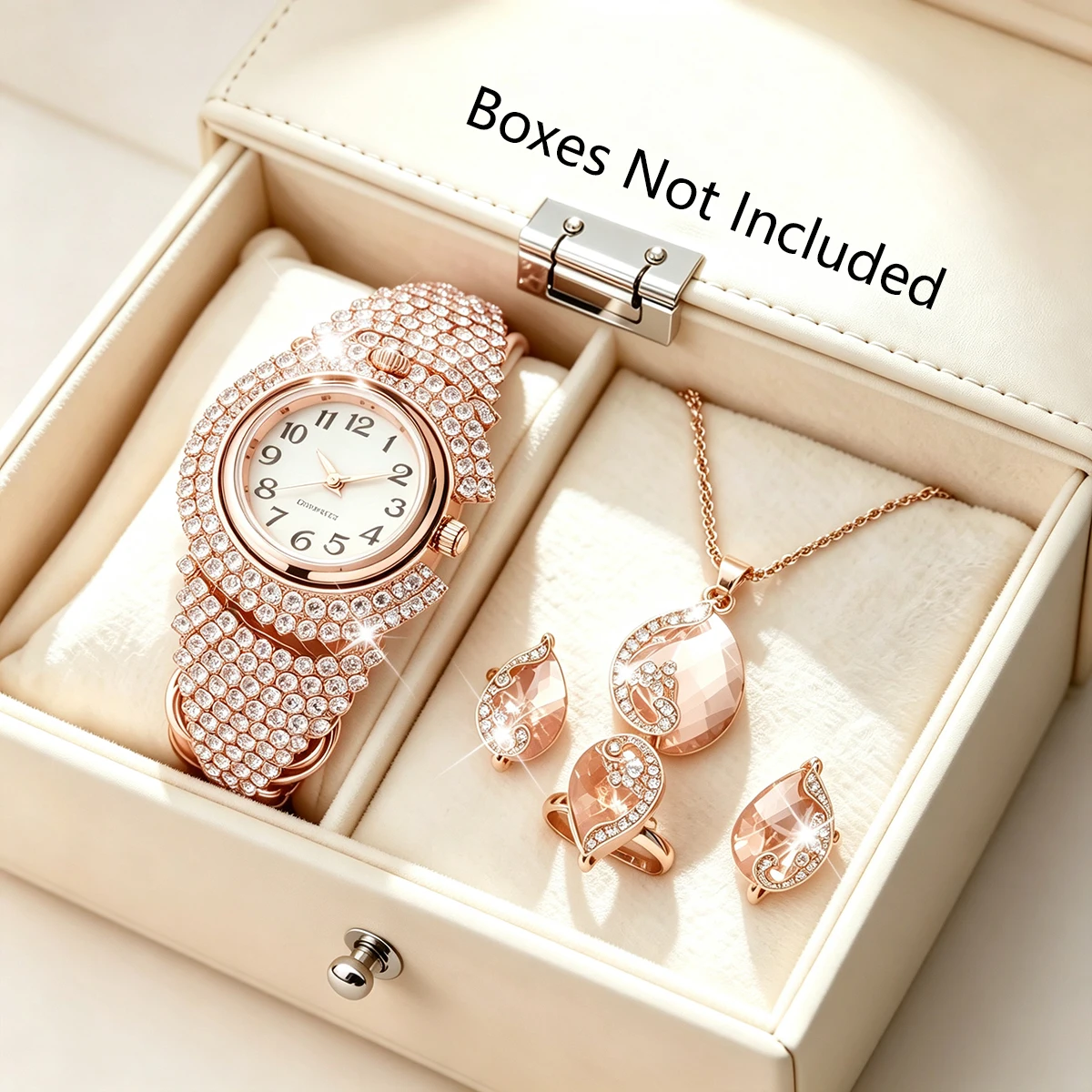 5PCS Luxury Diamond Watch Necklace Earrings Ring Set Fashion Women Crystal Bangle Quartz Wristwatch Jewelry Gifts（Without Box）