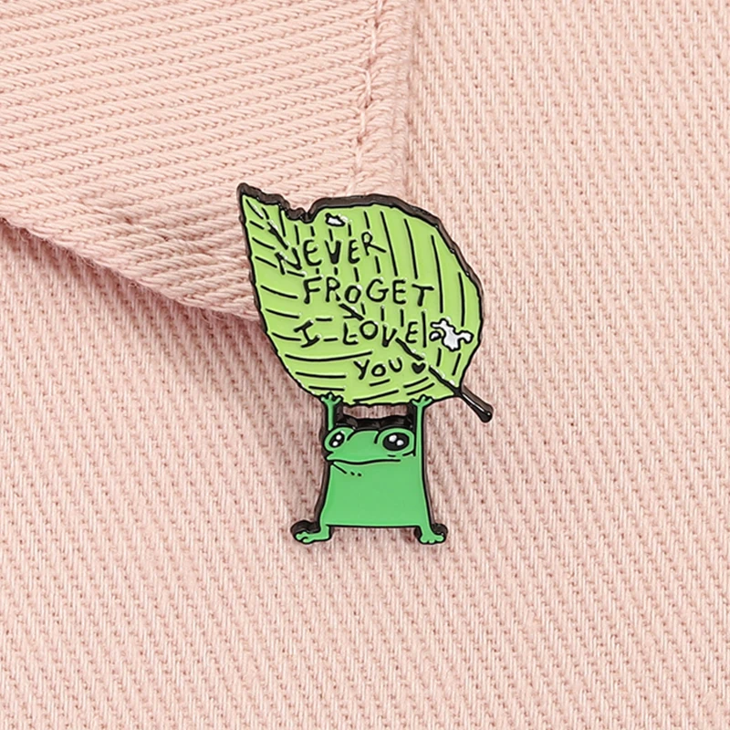 Emaille-Anstecknadel „I Never Froget I Love You“, Cartoon-Frosch, Blatt anheben, niedliche Tier-Brosche, Anstecknadel, Modeschmuck, Geschenk für Freunde
