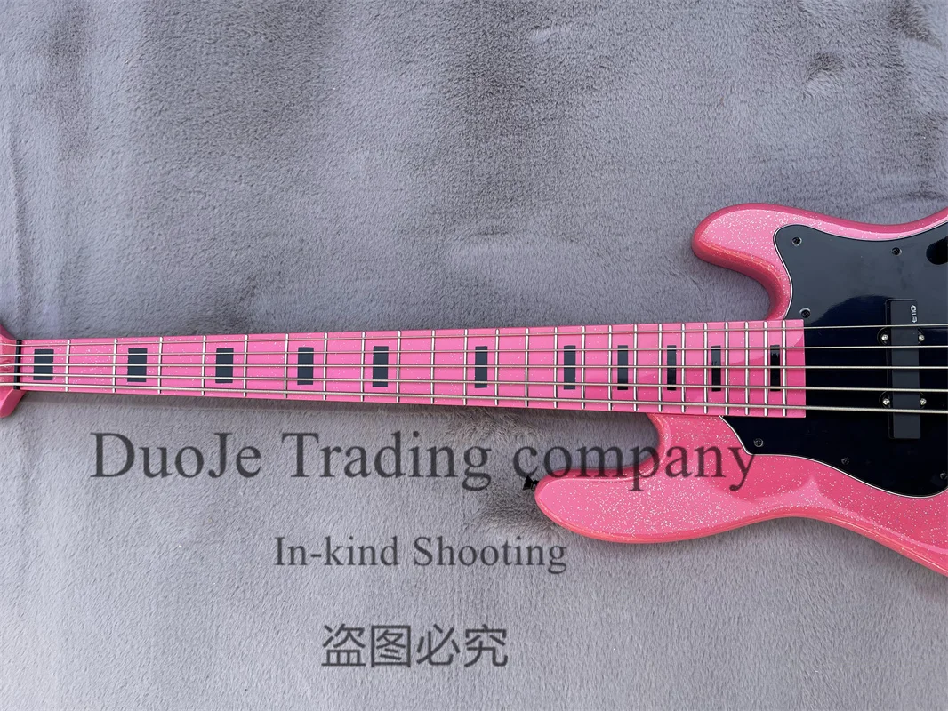 5 String Pink Electric Bass Glitter Particle Body Shiny Neck Fixed bridge Black Tuners Active Battery Case support customization