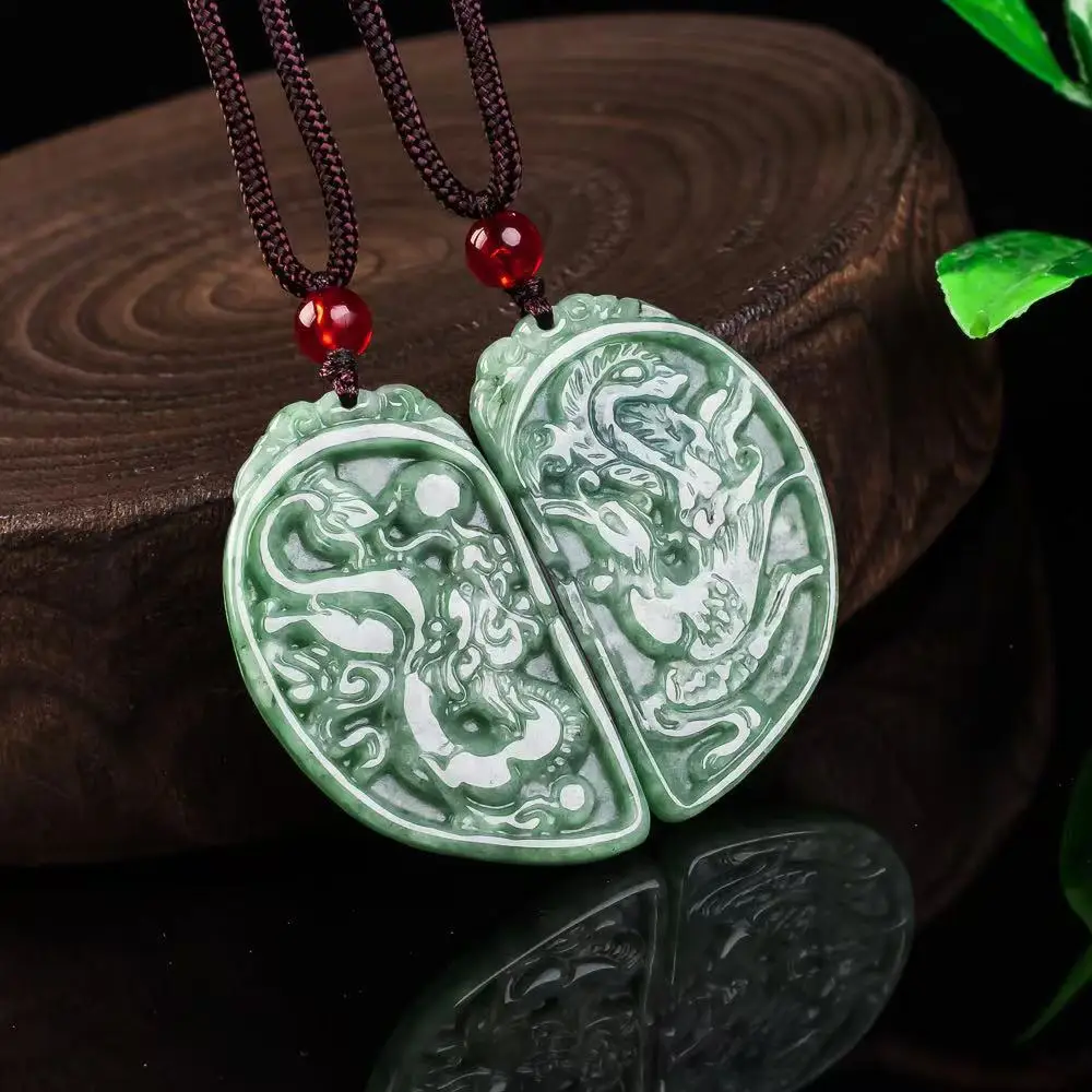 

Natural Myanmar Jadeite Dragon Phoenix Couple Pendant Necklace Accessories Designer Carved Amulet Real Jade Gifts for Women