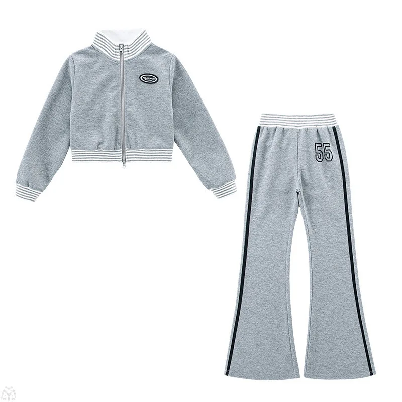 

Комплект спортивной одежды для девочек-подростков, куртка для маленьких детей + брюки, костюм черного цвета, стильное пальто + брюки-клеш, детская одежда из 2 предметов