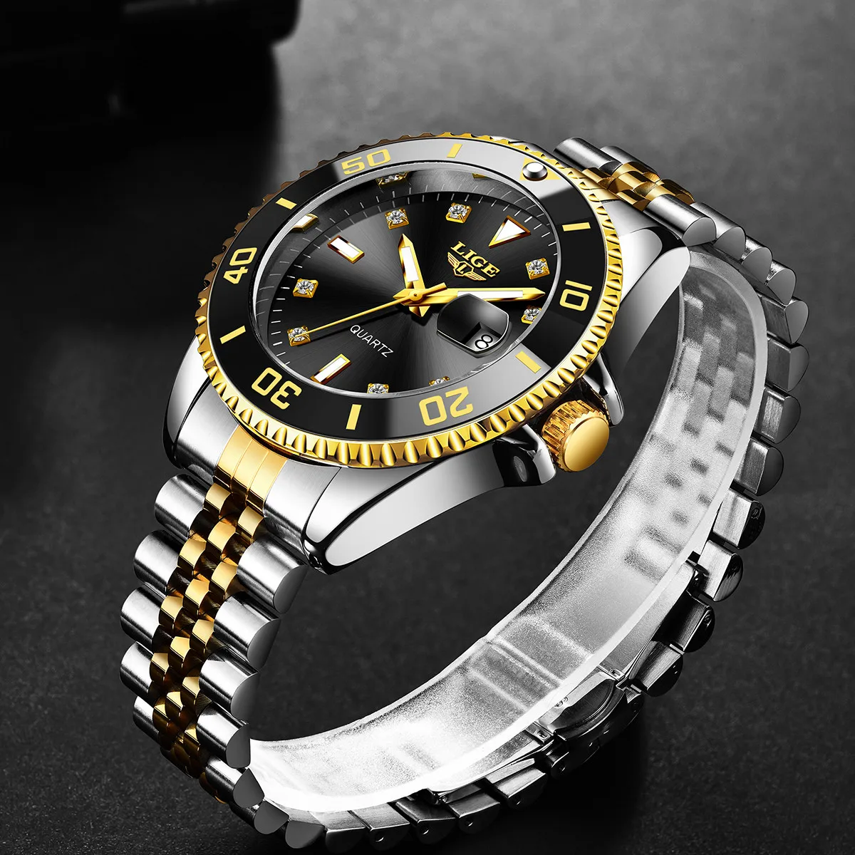 LIGE Luxury Man Watch Fashion Business Calendar Diamond Mens Watch Luminous Waterproof Stainless Steel Quartz Watches for Men