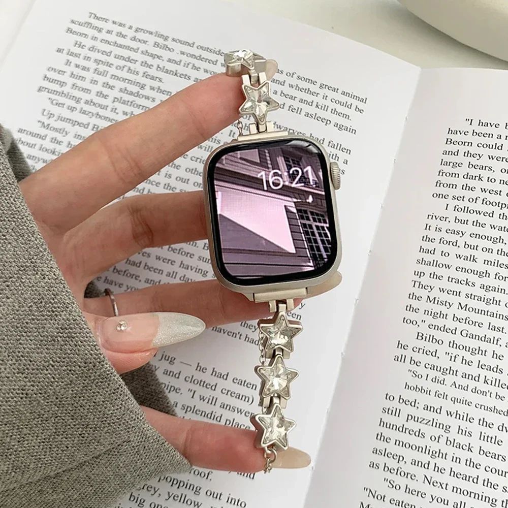 

Браслет женский металлический со стразами и звездами для Apple Watch, тонкий браслет для iWatch Ultra 49 мм 6 5 4 Se 3 2 42 мм 44 мм, 9 8 7 41 мм 38 40 мм 45 мм