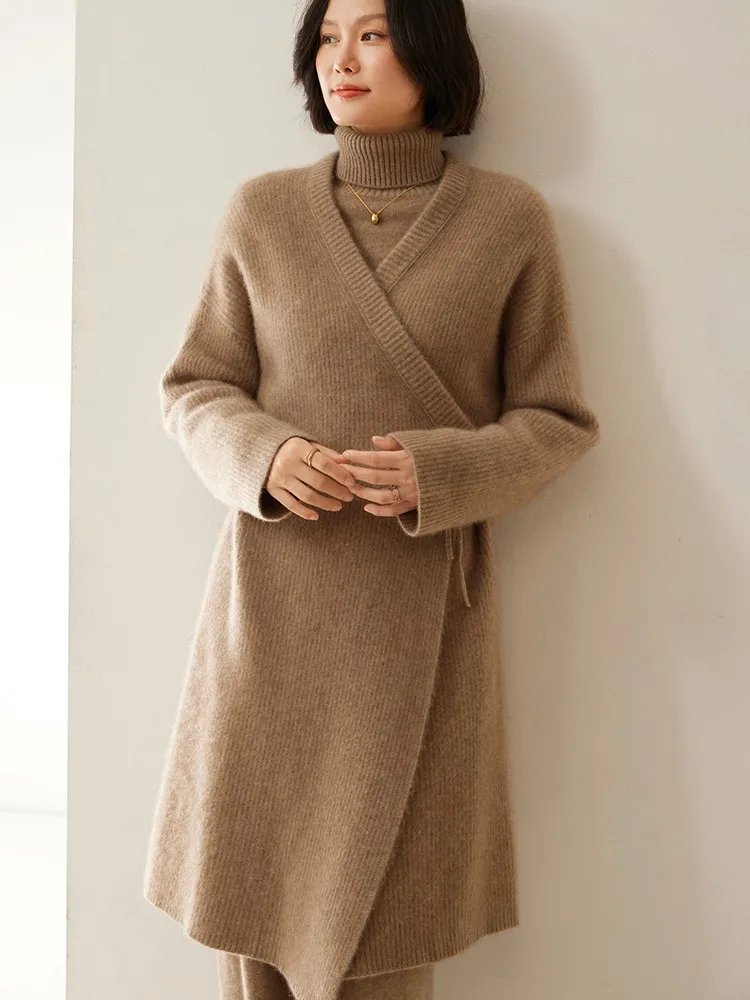 Luxury Women 100% Cashmere Sweater Coat Loose Simple Style Long Cashmere Overcoat Autumn Winter Thick Cashmere Knit Cardigan Top