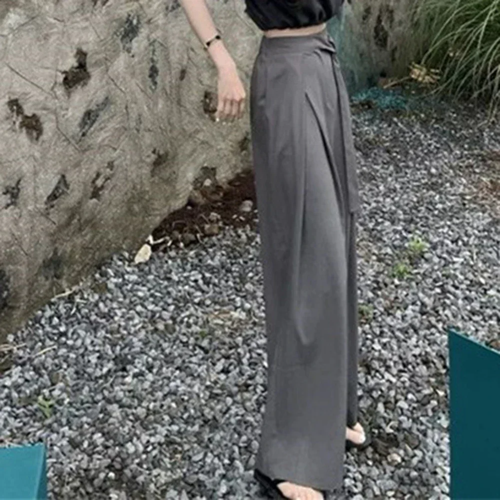 女性ハイウエストプリーツ非対称ストラップルーズモップパンツレディースファッションワイドレッグ長ズボン