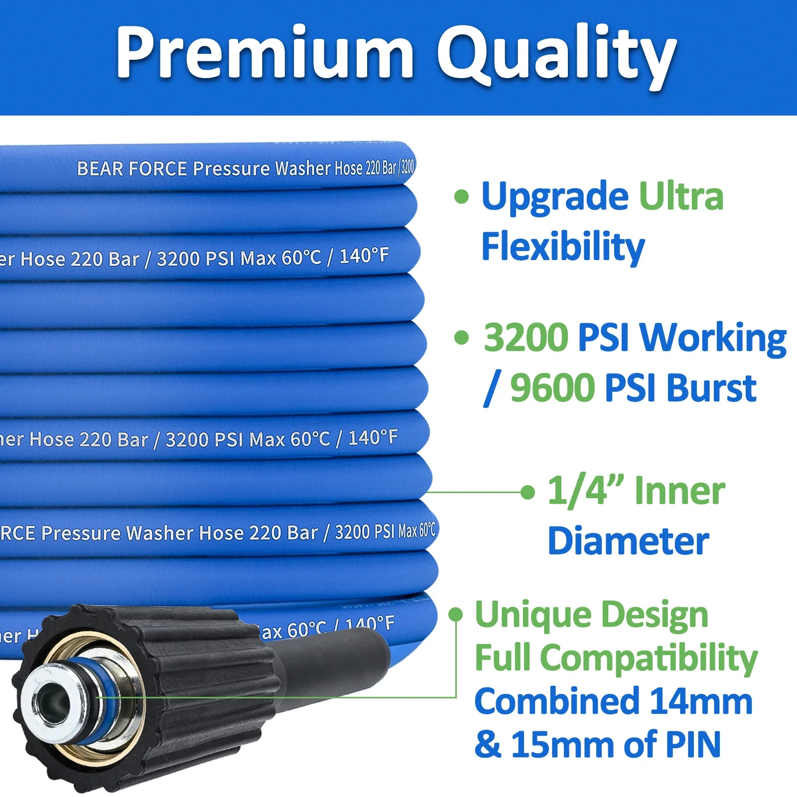 Super Flexible Pressure Washer Hose 32ft, 3200 PSI Kink Resistant Power Washer Hose 1/4 in.CarWash Extension Hose M22-pin 14/15