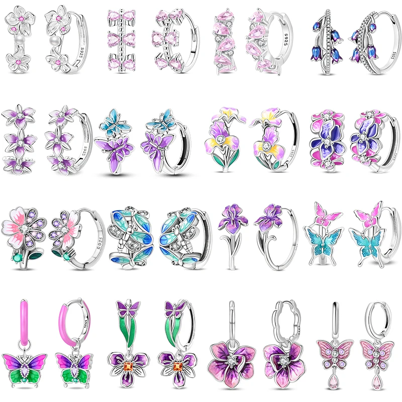 925 Sterling Silber Bunte Schmetterling- & Libellen-Irisblumen-Ohrringe Set für Damen, Modisches Schmuckgeschenk für Geburtstagsfeiern