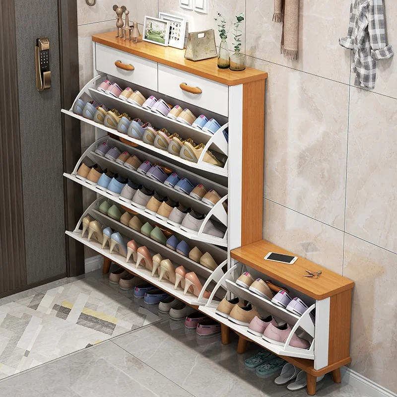 Ultra thin shoe cabinet, household doorstep flip bucket, hallway cabinet, storage, space saving, solid wood leg shoe rack