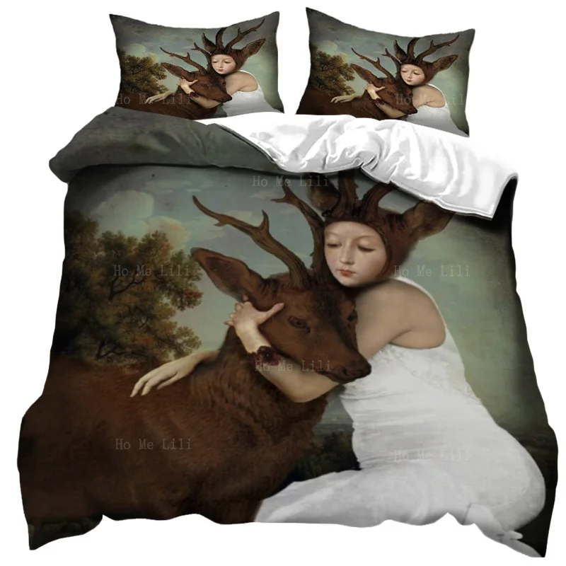 Holding An Elk And A Woman With Antlers And She's Wearing A White Dress Duvet By Ho Me Lili Bedding Set