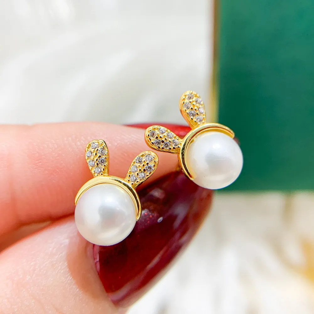 

DIY Pearl Accessories S925 Pure Silver Ear Stud Empty Holder Gold Silver Earrings for Women Fit 7-8mm Round Beads E388