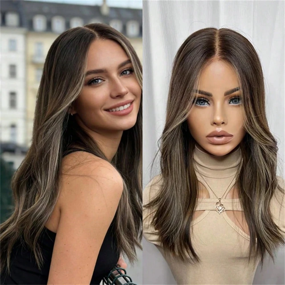 

Women Brown Wig Natural Preplucked Hairline Ombre Brown with Blonde Streaks HD Lace Front Wig Synthetic Baby Hair Wig Party Wigs